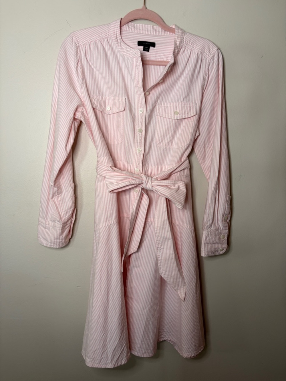 J. Crew Pink Long-Sleeve Shirt Dress with Self-Belt - Picture 2 of 4